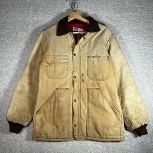 Vintage 80s Tan Carhartt style workwear chore jacket with red quilted lining